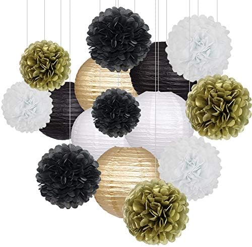 Black Gold Party Decorations, Black Gold Paper Lanterns and Pom P...