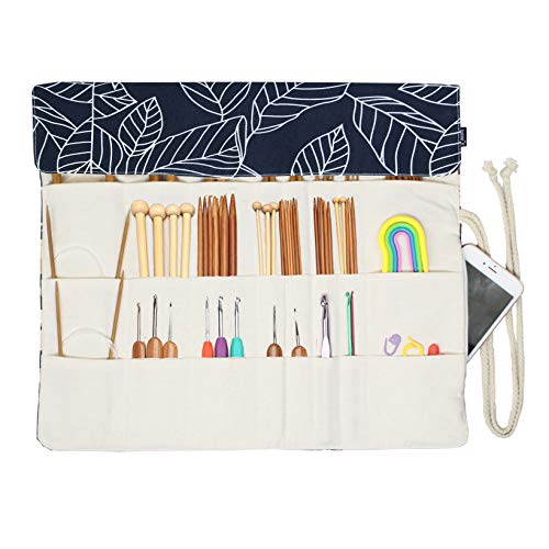 Knitting Needles Holder Case Rolling Organizer for Crochet Hooks Accessories, Mother's Day Gift (Navy Leaf)