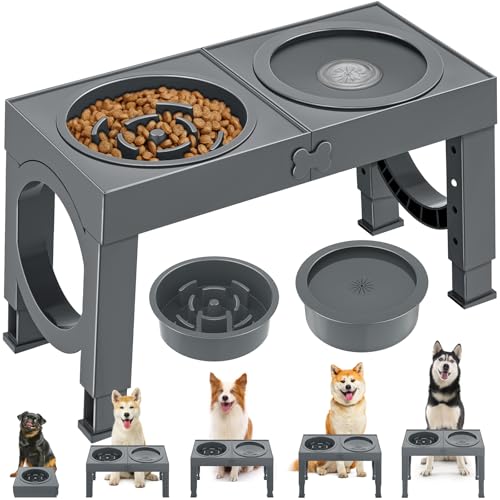 X XBEN 3-in-1 Gamelles Surélevées de 5 Hauteurs Ajustables, Gamelle pour Chien avec 1L Gamelle Anti-Glouton et 1,4L Anti-éclaboussures, Antidérapant, pour...