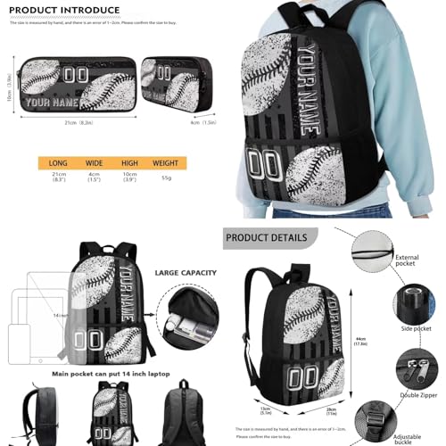 Name Customized Schoolbag Set Baseball Print Bookbag Set with Lunch Box, American Flag Print Backpack and Pencil Case Set for Nursery Primary Middle, Back to School Supplies3