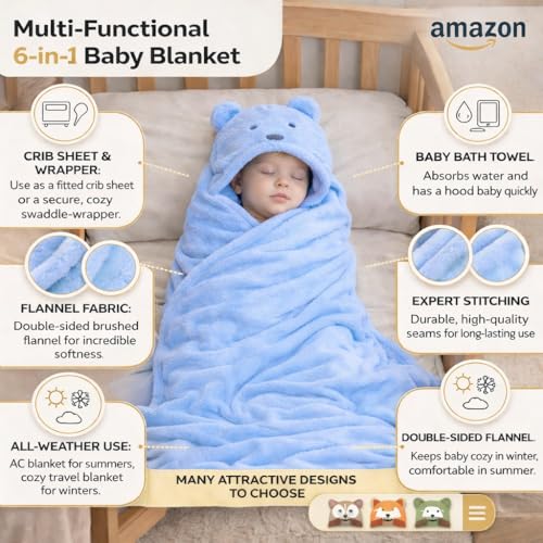 Image of First Kick New Born Baby Blanket Pack of Super Soft Bathrobe Wrapper Bath Towel for Boys, Girls, Babies (Sky Blue, Length 82 cm x Width 82 cm, 0-12 Months)