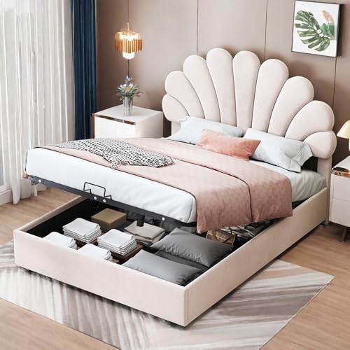 Sapgaks Lit Coffre 140x200 avec tête de Fleurie,Cadre de lit Adulte 140x200 avec sommier à Lattes,2 Personnes avec Rangement,Double,Tissu Velours Doux pour...
