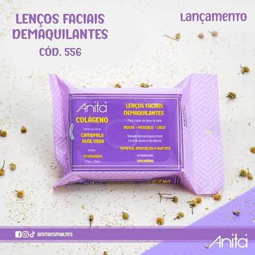 Lenço Demaquilante Facial - Colágeno Com Camomila E Aloe Vera, 25 Unidades - Anita