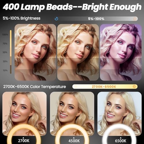 18" Foldable Ring Light with Stand for iPhone ipad Camera, 75" Tripod with Wheels 38W 6500K LED Display/Remote/2 USB Ports Large Big Ringlight Rolling for YouTube Facebook TikTok Live Video Recording