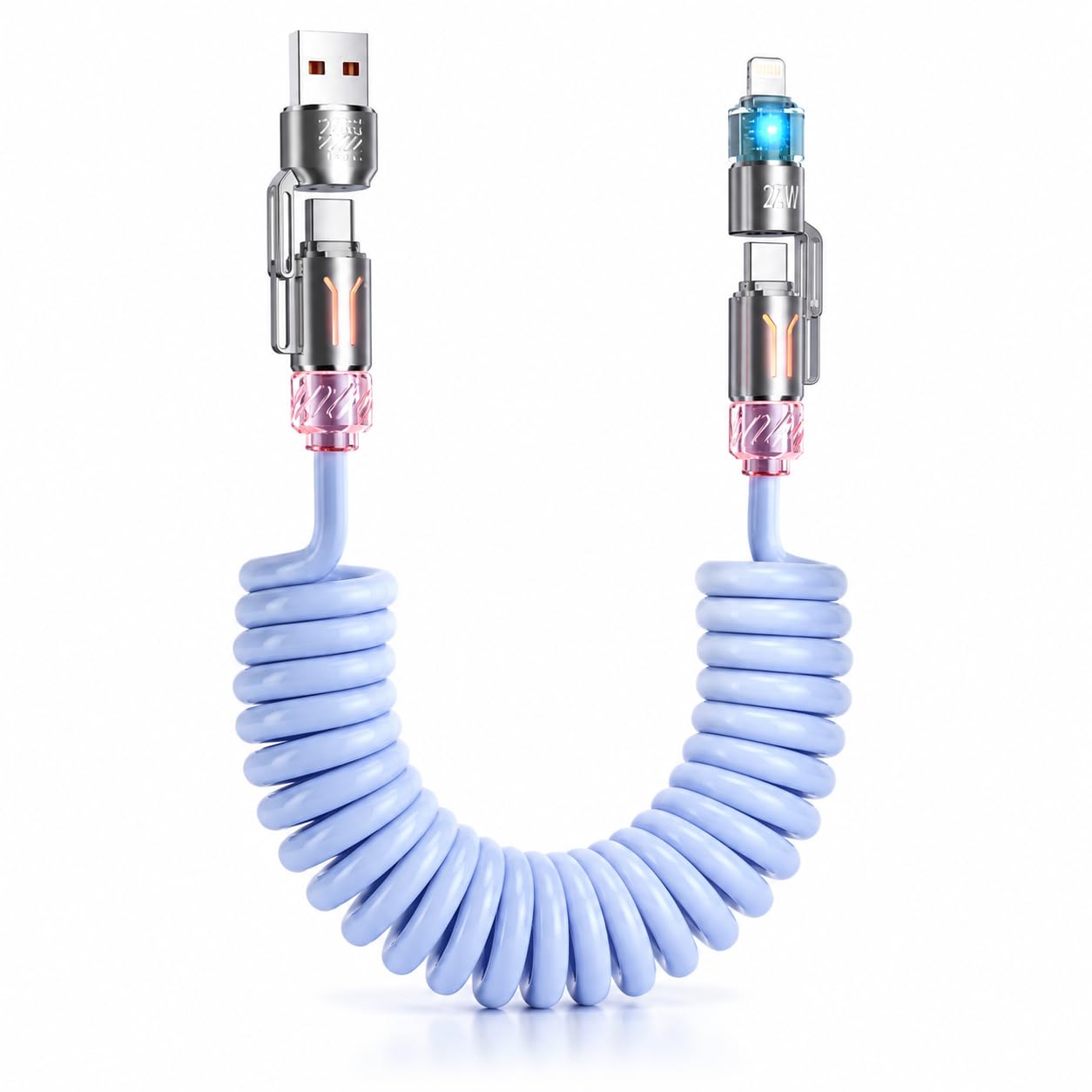 4-in-1 240W Fast Charging Cable, USB-A & Type-C to Type-C & 8 Pin Spring Coiled Data Cable for Mobile, Tablet, Laptop, Car, Office & Travel, 2M Ice Blue-image-2