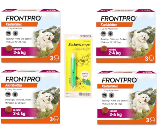 FRONTPRO Kautabletten für Hunde 2-4kg Viererpackung gegen Zecken und Flöhe mit Zeckenzange: Schutz für 30 Tage