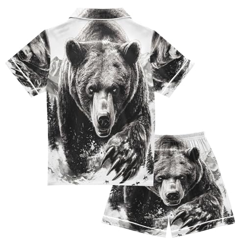 ALAZA Bear Black White Satin Pajamas Set Short Sleeve Button Down Sleepwear Summer Pjs 2 Piece2