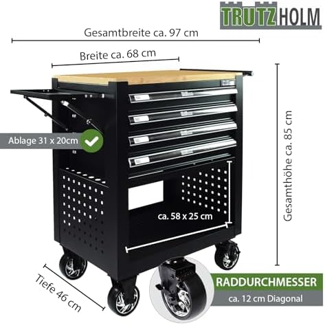 Bild 1 - TRUTZHOLM Werkstattwagen Profi Compact unbestückt Breite gesamt inkl. klappbaren Seitenablage 97 cm Massive Holzplatte mit 4 Schubladen, Stauraum Lochwand 4 Rollen Montagewagen Werkzeugwagen