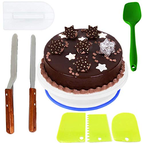 Nifogo Cake Turntable Conjunto, Incluir 1 Plato Giratorio para Tartas, 1 Espátula de Silicona, 3 Espátulas de Plástico para Decoración, 2 Espátula de Acero Inoxidable, 1 Cake Smoother (8PCS)