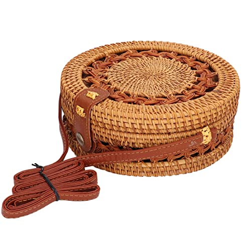 Bolso redondo de ratán tejido a mano, bolso de hombro de ratán, bolso redondo, bolsos tejidos para mujer, bolso de ratán para fiesta diaria en la playa (Todo el lateral está trenzado y forrado.)