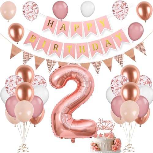 2. Geburtstag Deko Roségold, Luftballon 2. Geburtstags, Geburtstagsdeko 2 Jahr, Mädchen 2 jahre Geburtstags Deko-Set, Zahl 2 Luftballons Tortendeko Roségold Weiß Rosa Ballons für G