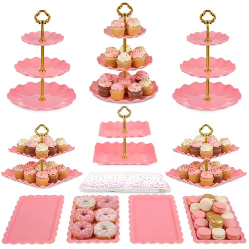 Pack Of 10 Nwk Cake Stand Set, With 3 X Two-Tier And 3 X Three-Tier Cupcake Stands, 4 X Appetizer Trays, 1 X Tablecloth For Birthday Bridal Baby Shower Party (Pink)
