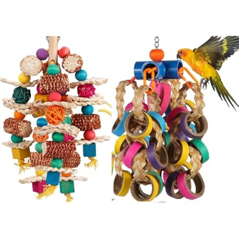 lovyoCoCo Parrot Toys Bird Toys Natural Corn Cob Bird chew Toys Bird Parrot Foraging Shredder 24 Pcs Colorful Bagel Chewy Rings Cover