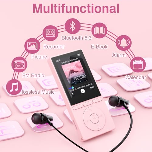 Image of 64GB MP3 Player with Bluetooth 5.3, Music Player with HiFi Sound for Sports Runners, 2.4 inch Screen MP3 Player Built in HD Speaker Voice Recorder E-Book, Expanded Up to 128GB, Earphone Included, Pink