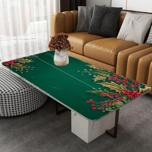 Image of Green Gold Holly Berry Desktop Sticker 39.37x23.62In, Classic Christmas Corner Desk Decal, Easy Clean Table Surface Sticker, Elegant Holiday Home Decor