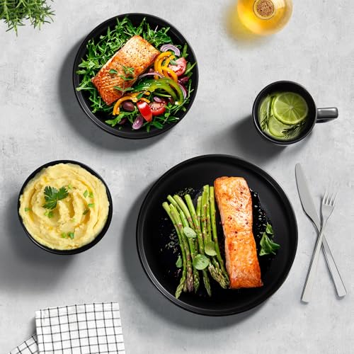 Image of Zulay Kitchen Terra Plates and Bowls Sets, 16 Piece Modern Stoneware Dish Set for 4, Chip and Scratch Resistant Ceramic Dinnerware Set, Microwave and Dishwasher Safe, Matte Black