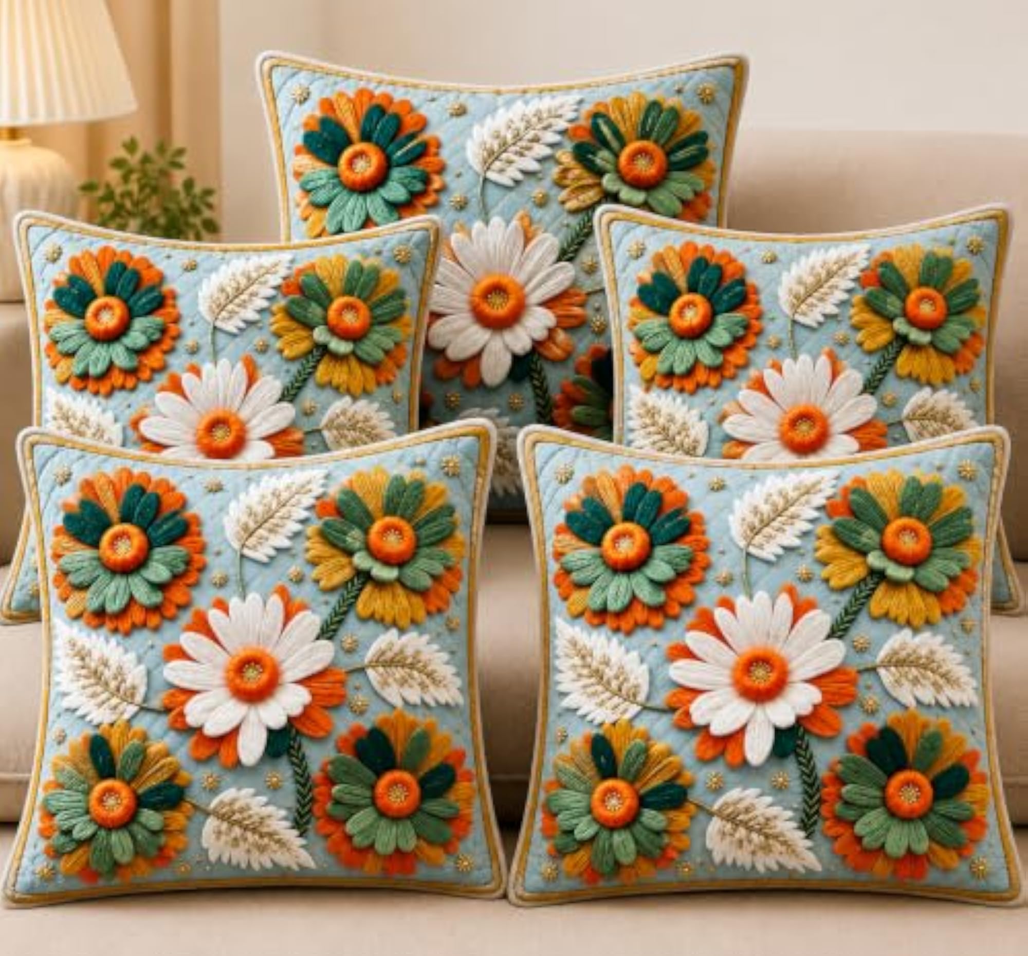 Floral Quilted Cushion Cover, Microfiber Blue
