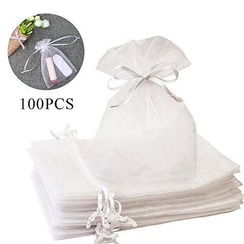 Dproptel 100 Pack Drawstring Organza Jewelry Favor Pouches Wedding Party Festival Gift Bags Candy Bags for Party Favor Decoration (White)