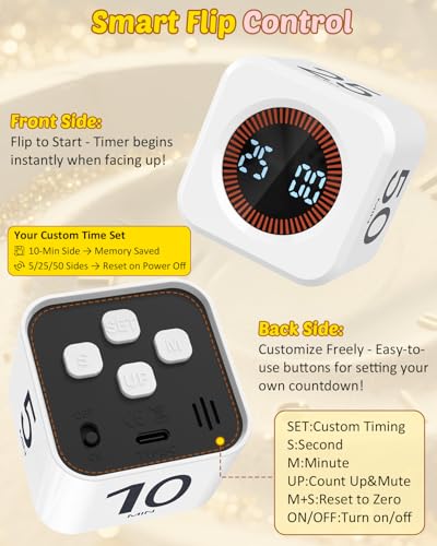 Image of Digital Pomodoro Timer Cube 5 /10 /25 /50min, Visual Productivity Flip Timer for Kids Classroom Desk, Custom Countdown, Silent and Sound Mode for ADHD Study Work Game Kitchen (White)