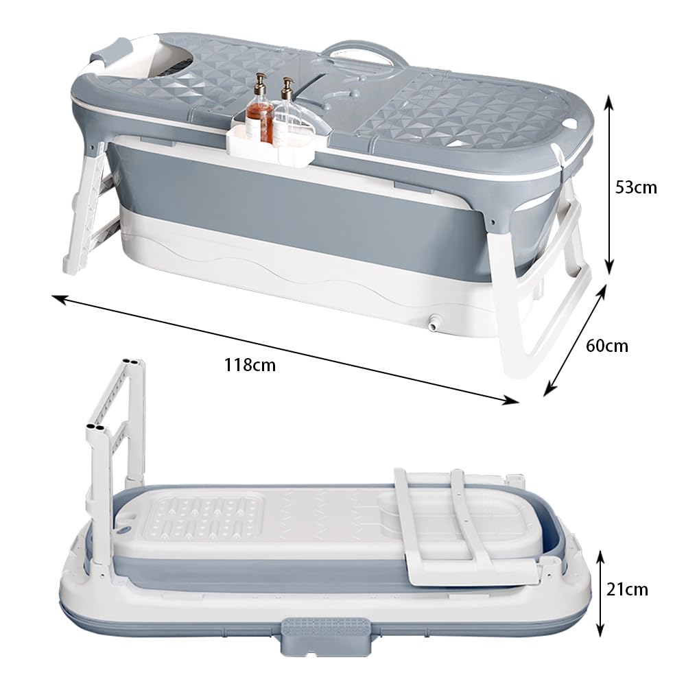 Bañera plegable para adultos, baño polar al aire libre, 118 x 60 x 53 cm, portátil, plegable, con tapa y rodillos de masaje, cesta de jabón, para baño y ducha, (Gris)