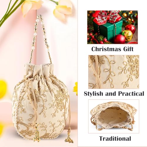 Image of Kuber Industries Potli Bags for Ladies & Girls | Women Shagun Pouches for Festive Seasons | Batwa Bag Bridal Purse With Embroidery -Cream