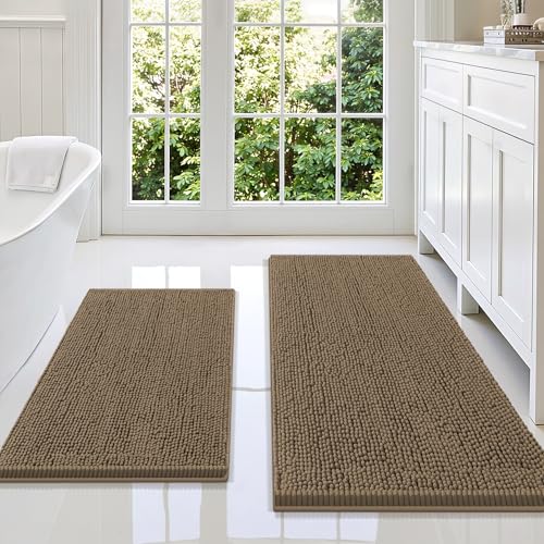 Image of Smiry Bathroom Rugs Sets 2 Piece, Soft Absorbent Chenille Machine Washable Non Slip Shaggy Bath Rug Set for Tub, Shower, and Floor (47x20+30x20, Camel)