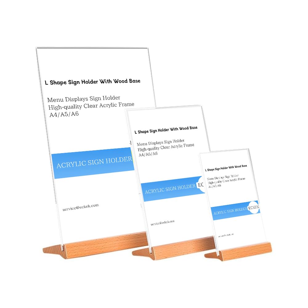 ECKEK Acrylic Sign Holder A4/A5/A6 Menu Displays T/L Shape, Wood Base Table Top Sign Stand (L Shape A6 105×148mm/4.13×5.83 inches)