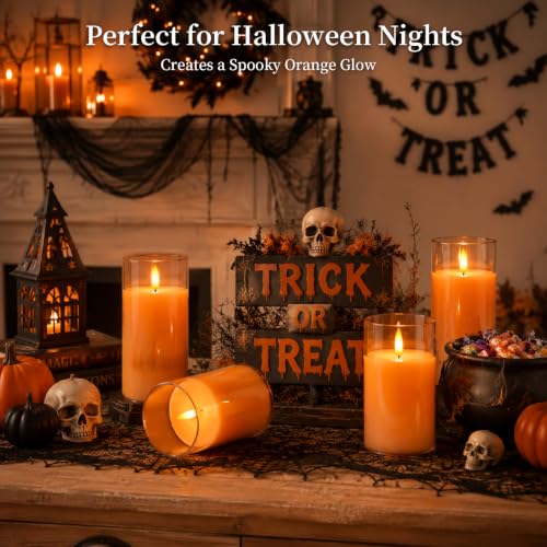Image of Amagic Clear Glass Flameless Candles Battery Operated with Timer, Remote Control, LED Pillar Candles, Battery Powered for Halloween, Thanksgiving, Fall Home Decor, Orange, Set of 3