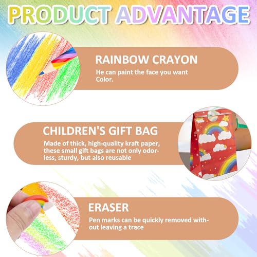 RDLobu 36 Piece Rainbow Pencil Set, 12 Colouring Pencils + 12 Erasers + 12 Kraft Paper Gift Bags - Ideal for Children - Image 3