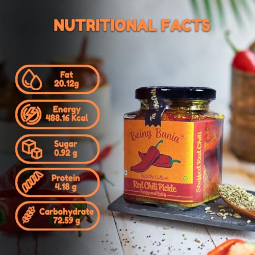 Image of Being Bania Stuffed Red Chilli Pickle - 100% Natural | No preservatives | Bharwa mirch ka achar | 250g in Jar | Fresh Pickles | Lal Mirchi