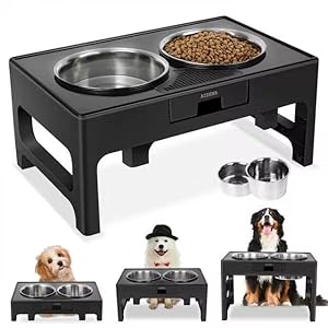 Elevated Dog Bowls, Stainless Steel Raised Bowl with Adjustable Stand, Double Food and Water for Medium Large Dogs or Cat, 3 Heights 3.9”, 7.8”, 11.8” (Black)