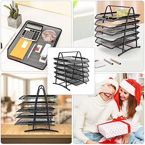 Queiting Mesh Letter Tray 5 Tier Office Filing Trays Holder Desk Tray Organiser Desk Drawer Tray A4 File Storage Mesh Filling Collection (Black)