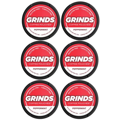 Grinds Coffee Pouches | 6 Cans of Peppermint | Tobacco Free, Nicotine Free Healthy Alternative | 18 Pouches Per Can | 1 Pouch eq. 1/4 Cup of Coffee (Peppermint) Grinds Coffee Pouches | 6 Cans of Peppermint | Tobacco Free, Nicotine Free Healthy Alternative | 18 Pouches Per Can | 1 Pouch eq. 1/4 Cup of Coffee (Peppermint)