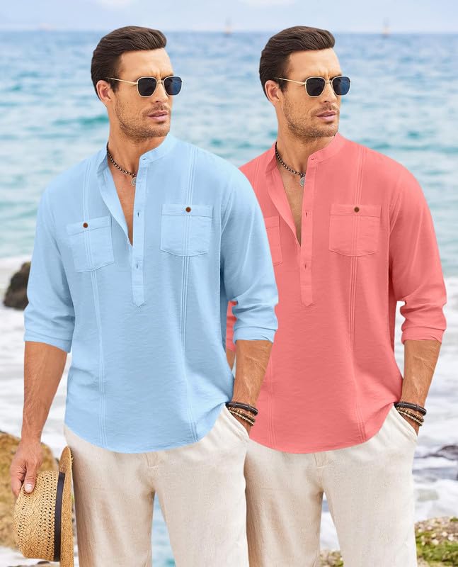 Image of Macsivo Combo of Men's Regular Fit Cotton Blend Solid Casual Short Kurta with Mandarin Collar and Pockets Kurta Pack of 2
