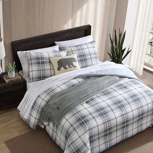 Image of Eddie Bauer - King Comforter Set, Reversible Cotton Bedding with Matching Shams, Plaid Home Decor (Alder Blue /Grey, King)