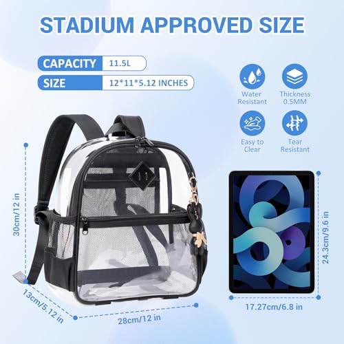 Image of MUSEVOS Clear Backpack for Stadium Events Approved 12x6x12, Thick TPU Mini Clear Bag with Front Pocket for Concert Sport Events Work Travel, Black Transparent