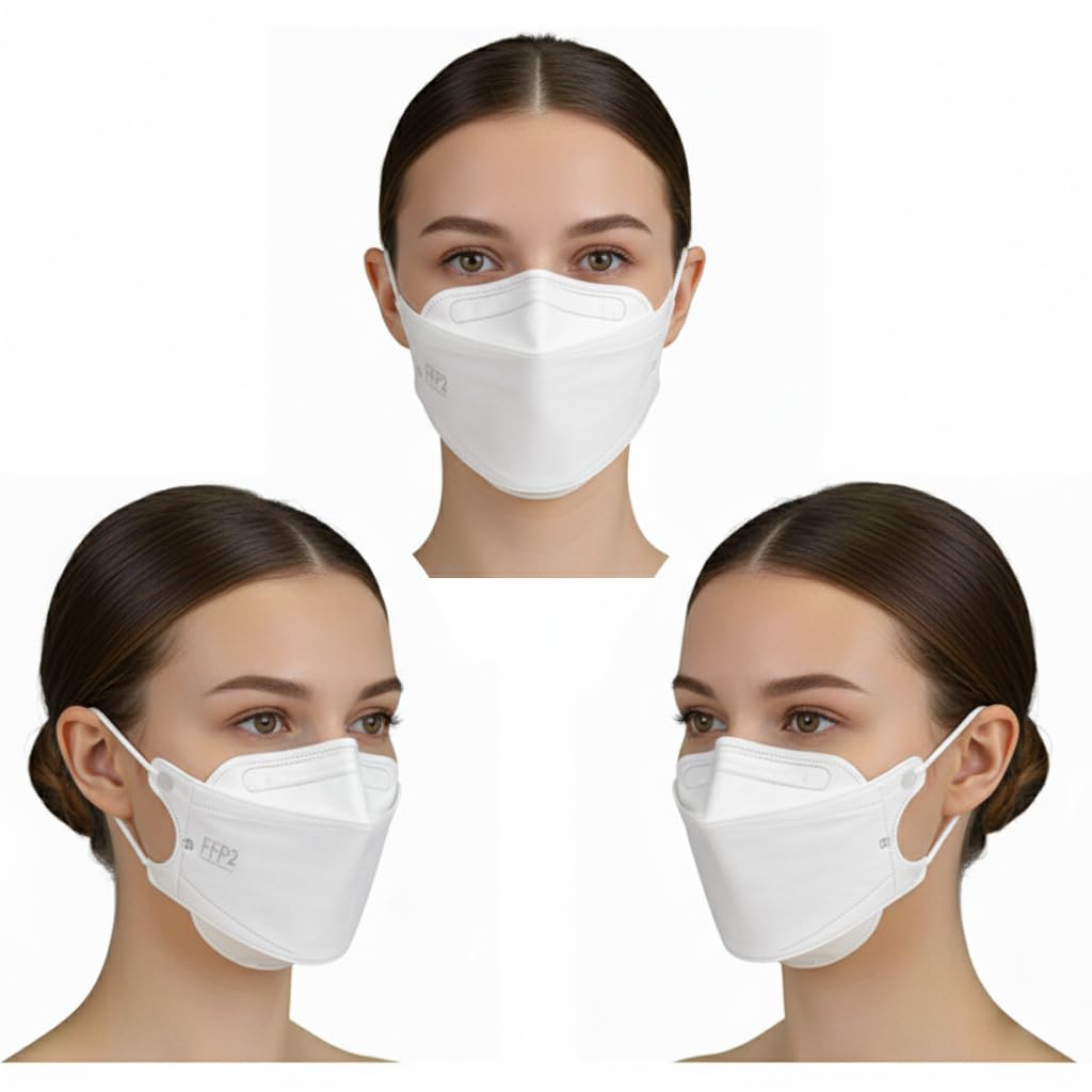 FFP2 Lot de 20 masques blancs en forme de poisson - Fabriqué en Allemagne - Certifié CE - Boucles d'oreilles souples - Bande élastique - Masque respiratoire - Masque de poisson