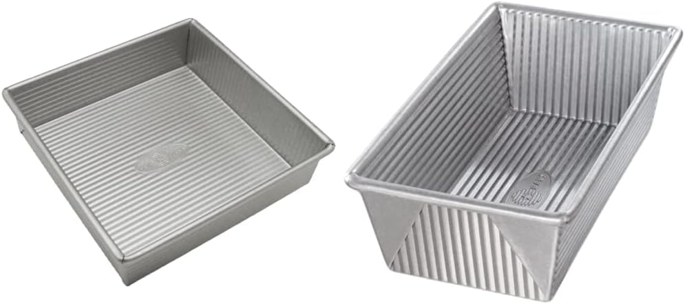 USA Pan Bakeware Square Cake Pan, 8 inch, Nonstick & Quick Release Coating, Made in the USA from Aluminized Steel & 1145LF Bakeware Aluminized Steel 1.25 Lb Loaf Pan, Medium, Silver