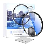 【Filtro UV protector】 Este filtro UV reduce la bruma y minimiza los rayos ultravioleta (UV) al tiempo que mejora el contraste. Perfecto para capturar fotografías de gran altitud y nieve sin el tono azulado. Mantenga este filtro en su lente para protegerlo contra el polvo, los arañazos y los golpes