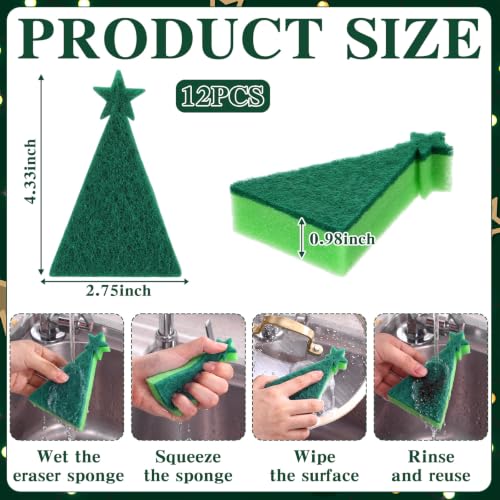 Image of Tioncy 12 Pack Christmas Tree Kitchen Sponges Bulk Green Star Top Tree Dual Sided Scrubber Sponges Dishwashing Kitchen Cleaning Accessories for Home Decor Household Supplies