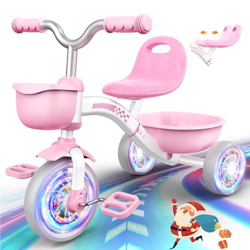 Kkdi Toddler Tricycle for 1-3 3-5 Year Olds, 2 3 4 5 Year Old Girl Xmas Birthday Gifts, Pink Toddler Toys Baby Bike, Outdoor Toys for Ages 2-4, 4-Level Adjustable Seat, 3 Colorful Lighting Wheels