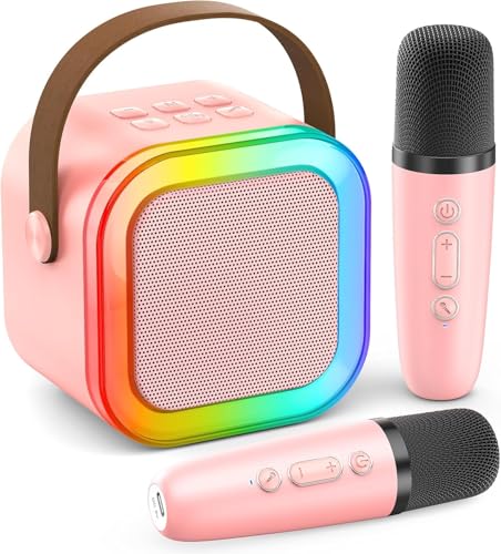 Máquina de karaoke para niños y adultos, mini altavoz Bluetooth portátil con 2 micrófonos inalámbricos, máquinas de karaoke con efectos de cambio de voz y luces LED, los mejores juguetes de regalo