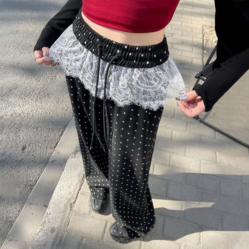 HGps8w Lace Patchwork Ploka Dots Pants for Women Summer Casual Elastic Waist Loose Straight Wide Leg Trousers with Pockets4