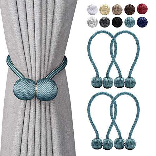 DEZENE Magnetic Curtain Tiebacks,The Most Convenient Drape Tie Backs,Decorative Rope Holdback Holder for Big,Wide or Thick Window Drapries,4 Pack(16 Inch Long),Teal