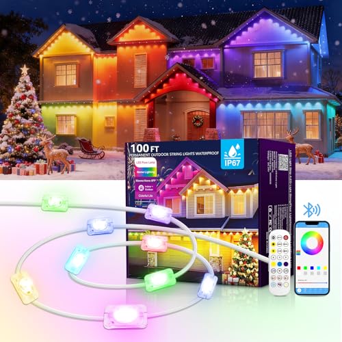 AHAWILL 100FT Christmas Permanent Outdoor Lights,RGB Eaves Lights with App & Remote Control,DIY Multi-Color Scene Modes,IP67 Waterproof,Outdoor Strings for House,Holiday Decorations for Christmas