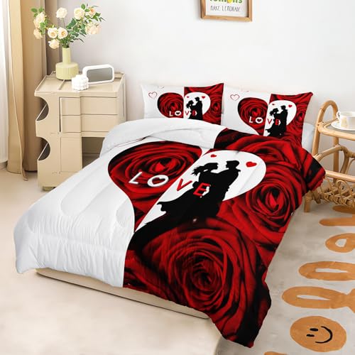 Image of AILONEN Red and White Comforter Set Queen Size,Red Rose Flower Love Couple Bedding Set Decor,Romance Heart His Hers Themed Women Men Quilt with 2 Pillowcases,3-Piece