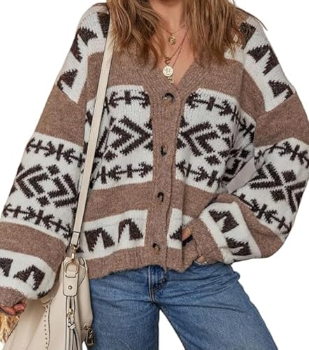 SELINK Women's Casual Cardigan Sweater Ethnic Geometric Pattern Button Front V Neck Sweater Cardigan Long Sleeve Outwear