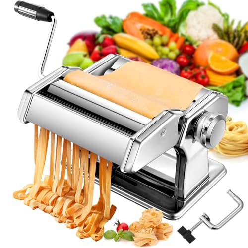 CYCYMAN Pasta Maker Machine 7 Thickness Settings Dough Roller Pasta Maker Noodle Cutter Manual Rolling Noodles Maker with Crank 2 Widths Cutter, for Spaghetti Fettuccine Lasagna or Dumpling Skins