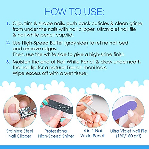 Flowery Natural Nail Repair Kit Includes:ultra Violet Nail File, Nail Clipper, 4-In-1 Nail White Pencil And Professional Buffer/Shinner #TOP5