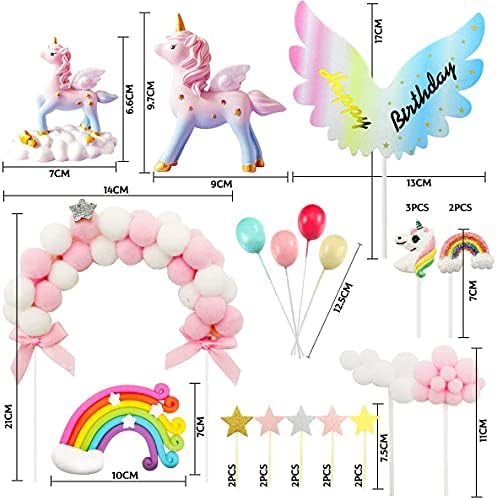iZoeL Dekoracja na tort urodzinowy, topper na ciasto, jednorożec, tęcza, napis Happy Birthday, girlanda, balon, dla dzieci, dla dziewczynek
